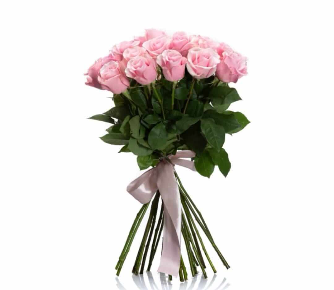 Buchet din 25 trandafiri roz, legați cu panglică de saten